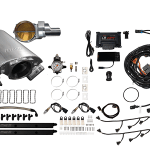 Car exhaust system and various automotive parts laid out on a white surface.