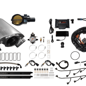 Complete car exhaust system kit with various components and wiring.