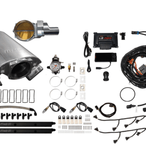 Car exhaust and engine tuning components laid out on a white background.