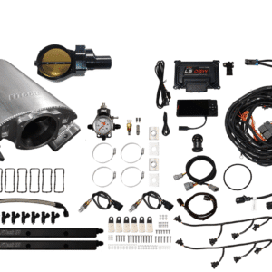 Comprehensive car turbo kit with various components and wiring.