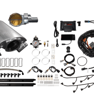 A collection of automotive parts and wiring components laid out on a white background.