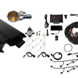 Car turbocharger kit with various installation components and wiring.