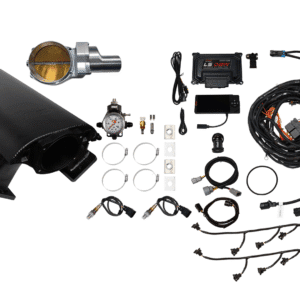 Car turbocharger kit with various installation components laid out.