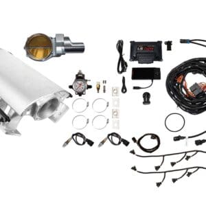 A collection of automotive parts and accessories laid out on a white background.