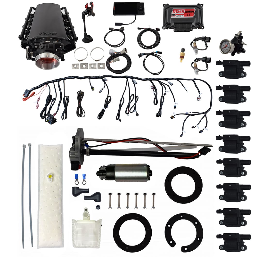 <span style="color:#ED3237;">79401</span><br>Ultimate LS 500 HP EFI System With Short Cathedral Intake, Go Fuel In-Tank Fuel Pump 600 HP Module, Go Fuel Tight Fit Regulator With Pressure Gauge & Go Spark LS3 Style Coil With LED 8 Pack Master Kit