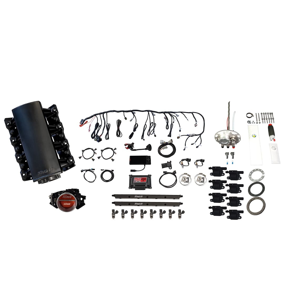 <span style="color:#ED3237;">79804</span><br>Ultimate LS 750 HP EFI System With Short Cathedral Intake, Transmission Control, Go Fuel In-Tank 340 LPH Fuel Pump Returnless Module With 2 Inch Fill & Go Spark LS3 Style Coil With LED 8 Pack Master Kit