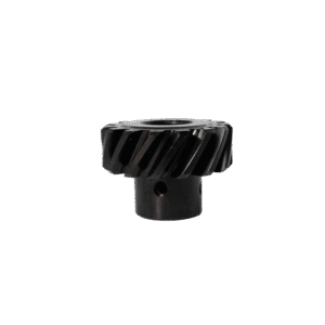 A black helical gear with angled teeth.