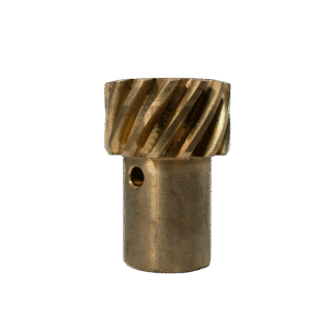 A small metallic gear with angled teeth and a cylindrical base.