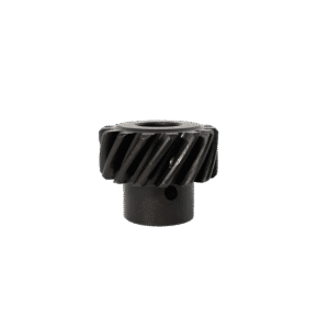 A small black helical gear with angled teeth.