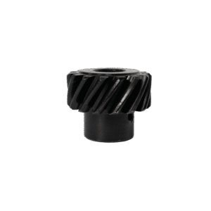 Black metal helical gear with angled teeth on a cylindrical base.