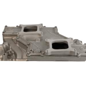 <span style="color:#ED3237;">92200</span><br>Offenhauser Intake Manifold, Small Block Chevy, Low Profile Dual Quad Cross-Ram, Complete Base, Top, w/linkage and hardware