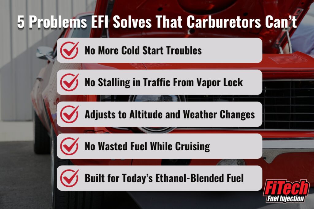 infographic of five problems efi solves that carburetors can't