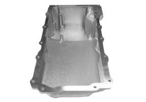 Silver engine oil pan, top view.